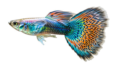 Beautiful colorful guppy fish aquatic pet tropical fish tank vibrant exotic aquarium fish macro photography on transparent background