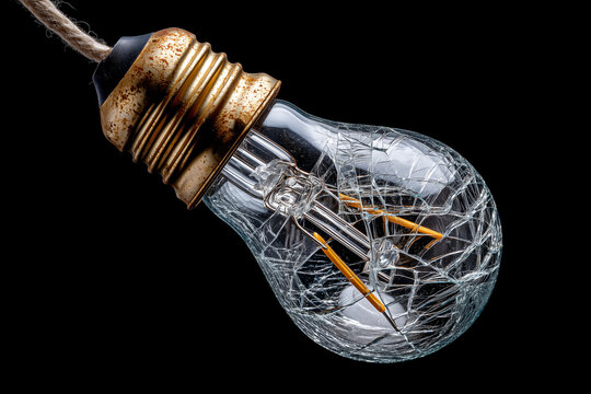 Broken light bulb with shattered glass and visible filament on black background - Powered by Adobe
