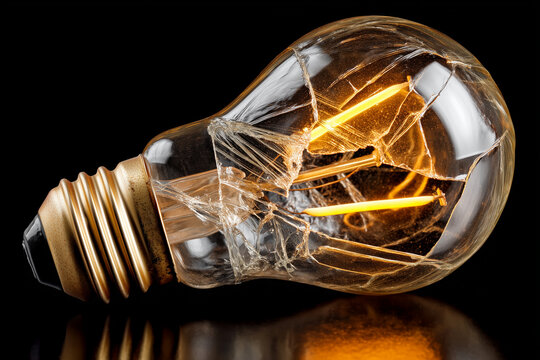 Close-up of a broken light bulb with glowing filament against a black background