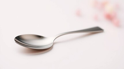 A shiny stainless steel spoon with sharp subject focus and a soft bokeh background