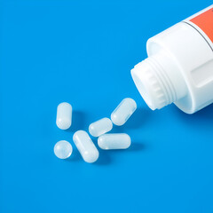 Effervescent pills coming from a white tube on a blue surface, n