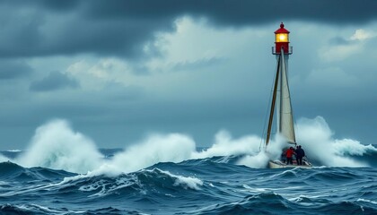 Lighthouse and sailboat battling stormy ocean waves, cliff, ocean