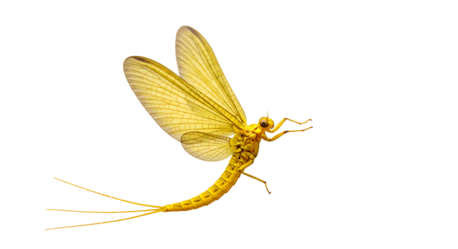 Golden Mayfly with Translucent Wings and Three Long Tails in Flight