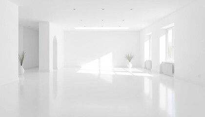 Fototapeta premium Minimalist white room, Scandinavian interior, empty space, clean lines, bright lighting, template, concept