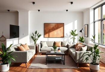 Modern minimalist coliving living room with shared sofa, plants, and natural light,  bright,  welcoming