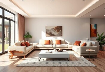 Fototapeta premium Neutral palette living room with sleek sofa, low profile furniture, natural light, texture, airy