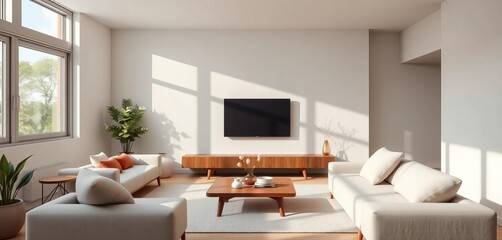 Fototapeta premium Neutral-toned Japandi living room, minimalist sofa, natural light, Japanese style, neutral