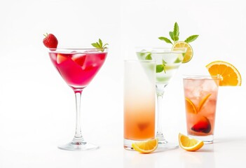 Refreshing summer cocktails in elegant glasses on pristine white background, glasses, photography
