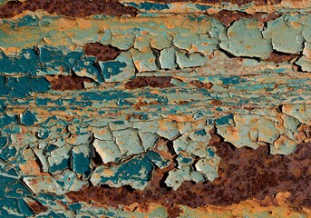 Rustic Texture Cracked Teal and Rust Paint on Metal Surface