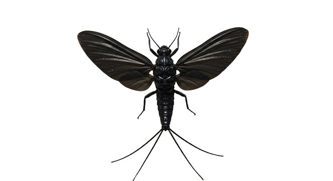 Striking Black Mayfly with Elongated Cerci and Veined Wings
