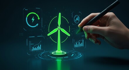 Hand holding stylus interacting with holographic wind turbine and energy data interface on dark background