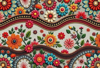 Seamless embroidered wavy boho patchwork  Intricate floral & geometric design,  stitch,  geometric