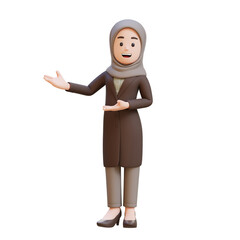 3D muslim business woman character is presenting to the right