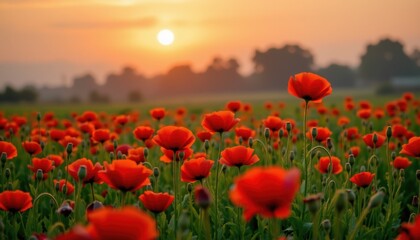 Sunrise over poppy field nature landscape photography vibrant colors scenic view tranquil environment