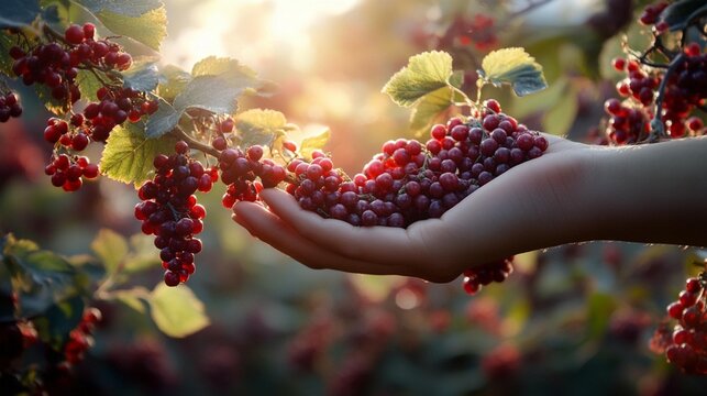 Handful of ripe red berries held outdoors under sunlight