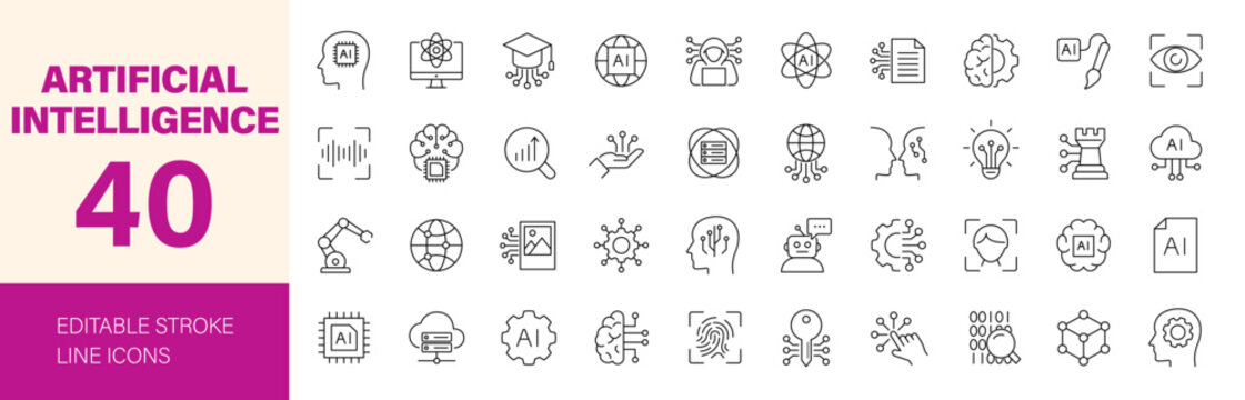 Artificial intelligence icon set. Containing robot, generative ai, virtual assistant, machine learning, smart robotic, cloud computing and more. Editable line icons. Vector illustration.