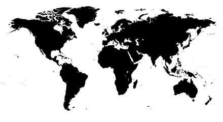 World map silhouette on transparent white background showing global geography and world continents