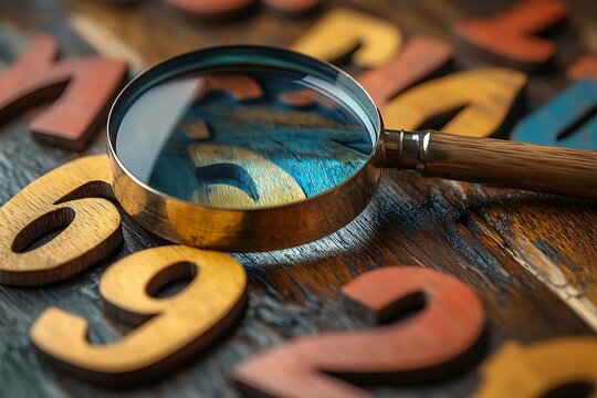 Magnifying glass over wooden numbers on rustic surface, vintage study or analysis concept, close-up of wooden numerals