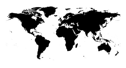 World map silhouette on transparent white background showing global geography and world continents