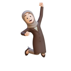 3D muslim business woman character in happy jumping