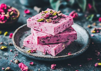 Pink chocolate treats topped with pistachios
