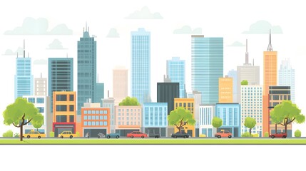 Obraz premium Colorful cityscape illustration with modern buildings and vehicles.