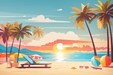 Obraz premium Summer Vacation Beach Illustration — Flat Vector with Palm Trees, Coconut Drink, and Sunset