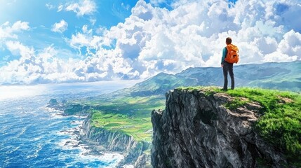 Obraz premium A backpacker standing at the edge of a cliff, gazing at the horizon during an X-travel journey.