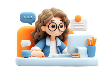 Cute 3D Woman Working on a Computer with Speech Bubbles and Stationery Items