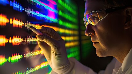 A biologist analyzing genetic material inside a cell, focused on the intricate details in a modern research facility.