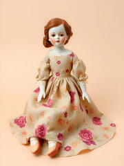 Fototapeta premium Vintage porcelain doll dressed in a floral-patterned gown sitting gracefully on a neutral background