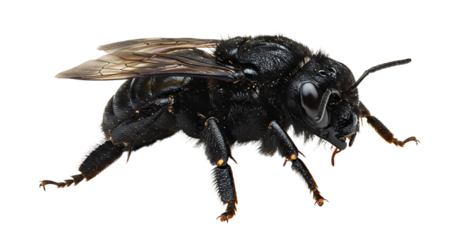 Detailed Closeup of a Black Bee with Translucent Wings