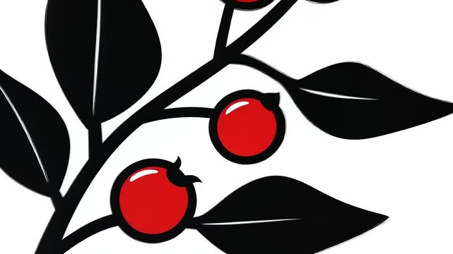 Elegant Berry Branch Animated Illustration with Deep Black Foliage and Scarlet Berries