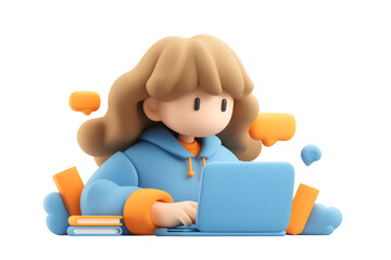 Cartoon character working on laptop with social media communication bubbles