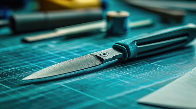 A close-up shot of a precision Xacto knife on a cutting mat surrounded by paper.
