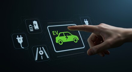 Finger touching ev car icon on digital display with battery and charging icons around it on dark background