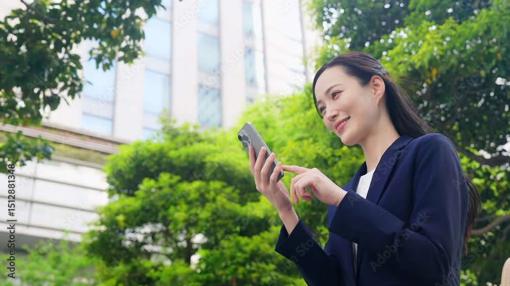 Aufkleber 新緑の街でスマホを使う女性ビジネスパーソン