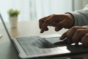 Fototapeta premium Call center person using laptop computer bright room with natural light and potted plant background. person is typing or navigating keyboard