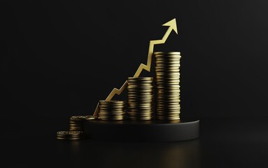 A stack of gold coins arranged on rectangular black podium blocks with an upward arrow symbolizing financial growth