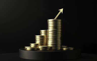 A stack of gold coins arranged on rectangular black podium blocks with an upward arrow symbolizing financial growth