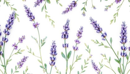 Naklejka premium Delicate watercolor lavender sprigs and green foliage repeat on a soft background, pattern, watercolor