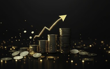A stack of gold coins arranged on rectangular black podium blocks with an upward arrow symbolizing financial growth
