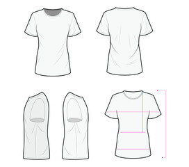 T-Shirt Measurement Guide Template – Front, Back, Side Views with Sizing Lines for Online Shopping