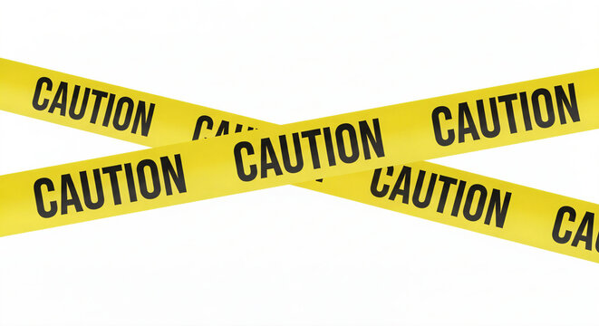 Yellow caution tape with the word "CAUTION" written repeatedly in black. The tape is crossed in an "X" shape against a plain white background.