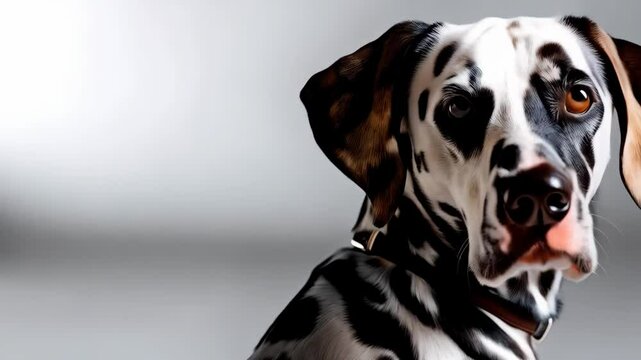 Elegant Dalmatian Dog Posing on Light Grey Background Showing its Unique Spotted Coat and Collar