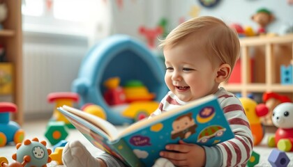 Happy infant listening attentively to a book, surrounded by colorful toys in a nursery, calm, kid