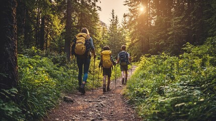 A family on an adventurous xcursion hike through a lush forest trail.