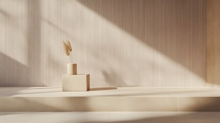 Beige display platform with dried flower arrangement.