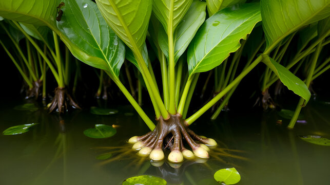 Water caltrop (floating water chestnut) plant taken from the water. There can be seen edible seeds among roots. Bangkok, Thailand