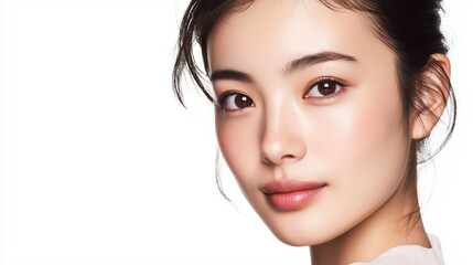 Fototapeta premium Close-up photo of a Japanese model woman with beautiful skin that looks good with cosmetics in her 20s.